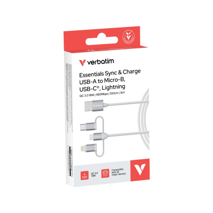 Кабел Verbatim Sync & Charge 3-in-1, USB-A към Micro-B/USB-C/Lightning, 18W, 1m - 32394 - 5