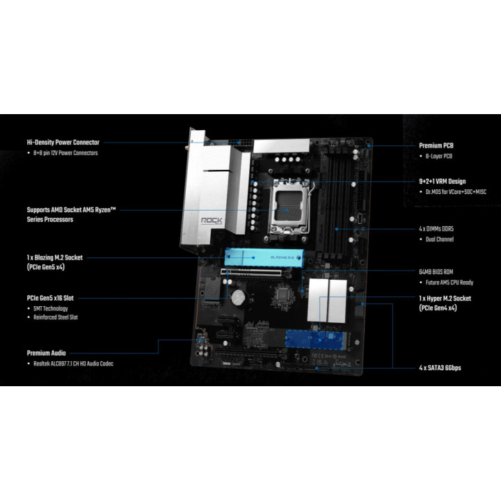 Дънна платка ASRock B650 Rock WiFi 7, AM5, ATX, DDR5 - 2