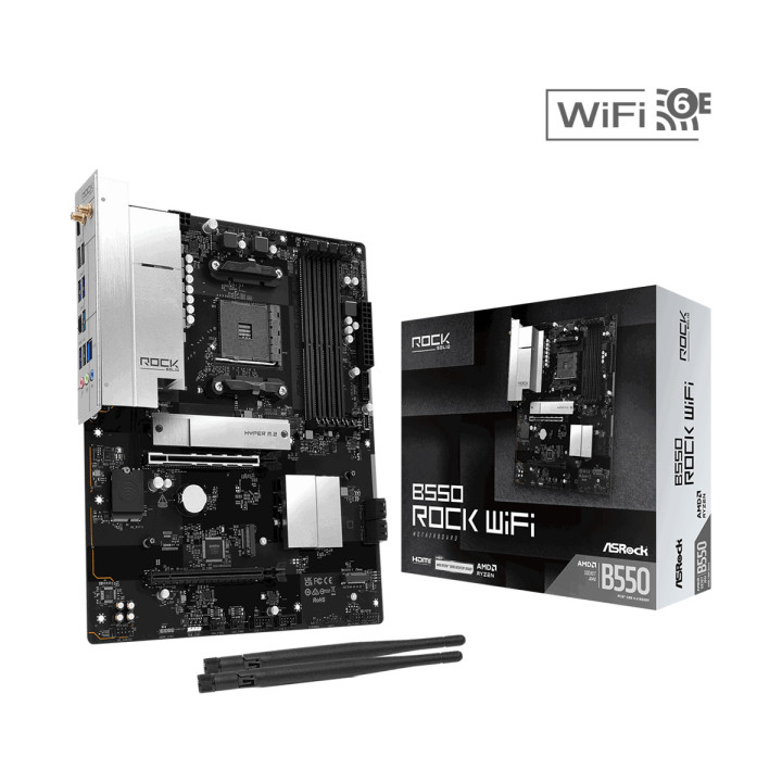 Дънна платка ASRock B550 Rock WiFi, AMD AM4, AMD B550, 4x DDR4, ATX, Wi-Fi 6E - 1