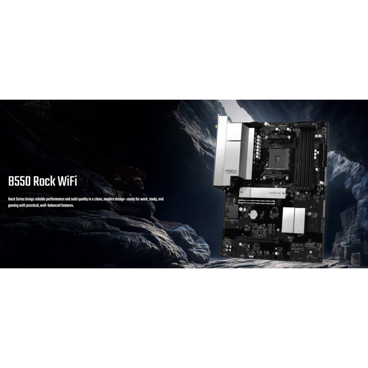 Дънна платка ASRock B550 Rock WiFi, AMD AM4, AMD B550, 4x DDR4, ATX, Wi-Fi 6E - 2