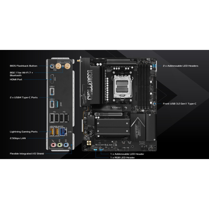 Дънна платка ASRock X870 Challenger WiFi, AMD AM5, DDR5, ATX, Wi-Fi 7 - 3