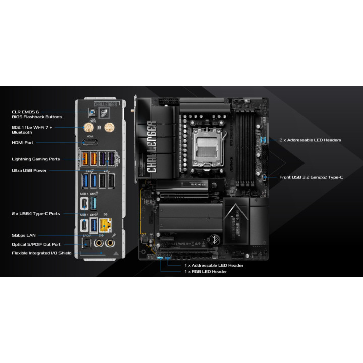 Дънна платка ASRock X870E Challenger WiFi, AMD AM5, DDR5, ATX, Wi-Fi 7 - 3