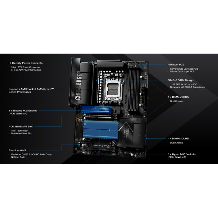 Дънна платка ASRock X870E Challenger WiFi, AMD AM5, DDR5, ATX, Wi-Fi 7 - 4