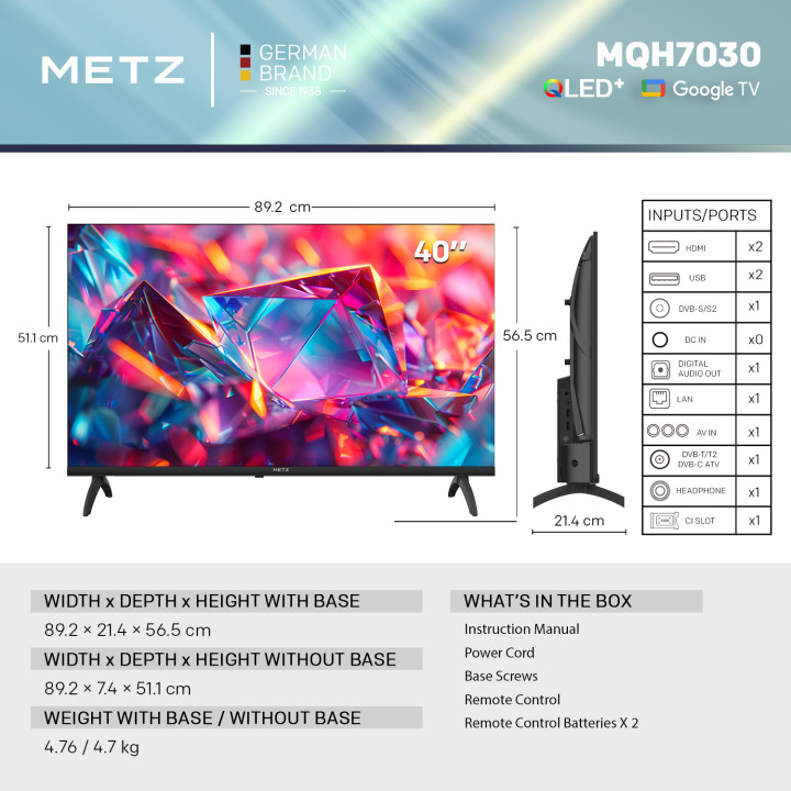 Телевизор METZ 40MQH7030Z, 40" QLED+ Full HD, Google TV, Smart TV, Клас E - 5