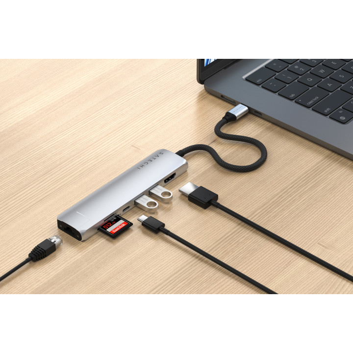 Докинг станция Satechi Slim Multiport, 7-в-1, HDMI 4K, Gigabit Ethernet, USB-A, SD/microSD четец, Silver - ST-P7SS - 3