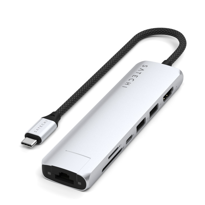Докинг станция Satechi Slim Multiport, 7-в-1, HDMI 4K, Gigabit Ethernet, USB-A, SD/microSD четец, Silver - ST-P7SS - 6