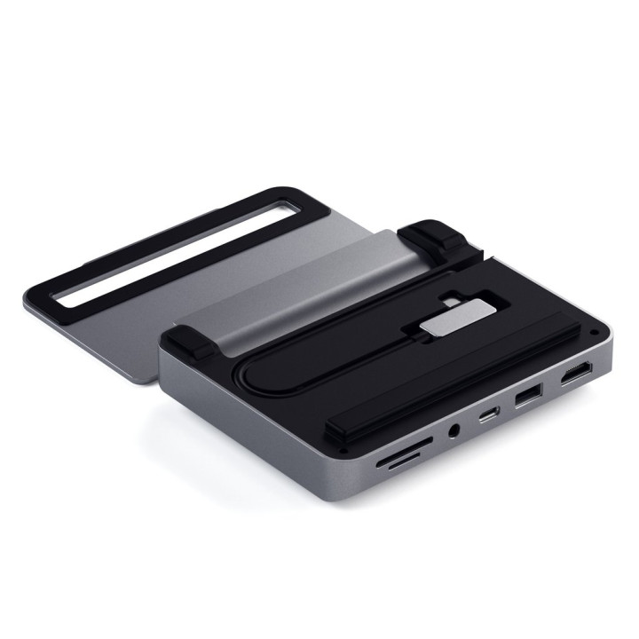 Докинг станция Satechi Aluminium Stand & Hub за iPad Pro, USB-C PD до 60W, 4K HDMI 60Hz, USB-A, SD четец, аудио жак 3.5mm, Space