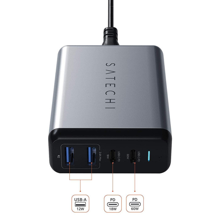 Зарядно устройство Satechi, 75W, 2x USB-A, USB-C PD 18W, USB-C PD 60W, Space Grey - ST-MC2TCAM - 2