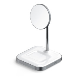 Безжично зарядно Satechi Aluminium 2-in-1, магнитна стойка за iPhone 12/13 и AirPods Pro, USB-C кабел в комплекта, бяло - ST-WMC