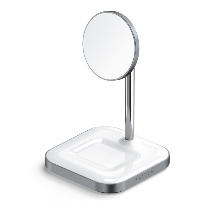 Безжично зарядно Satechi Aluminium 2-in-1, магнитна стойка за iPhone 12/13 и AirPods Pro, USB-C кабел в комплекта, бяло - ST-WMC