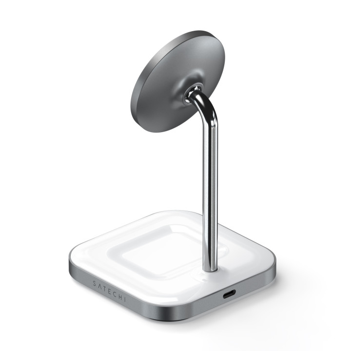 Безжично зарядно Satechi Aluminium 2-in-1, магнитна стойка за iPhone 12/13 и AirPods Pro, USB-C кабел в комплекта, бяло - ST-WMC