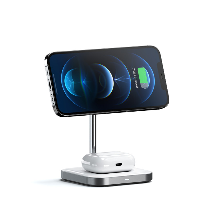 Безжично зарядно Satechi Aluminium 2-in-1, магнитна стойка за iPhone 12/13 и AirPods Pro, USB-C кабел в комплекта, бяло - ST-WMC