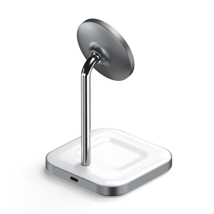 Безжично зарядно Satechi Aluminium 2-in-1, магнитна стойка за iPhone 12/13 и AirPods Pro, USB-C кабел в комплекта, бяло - ST-WMC