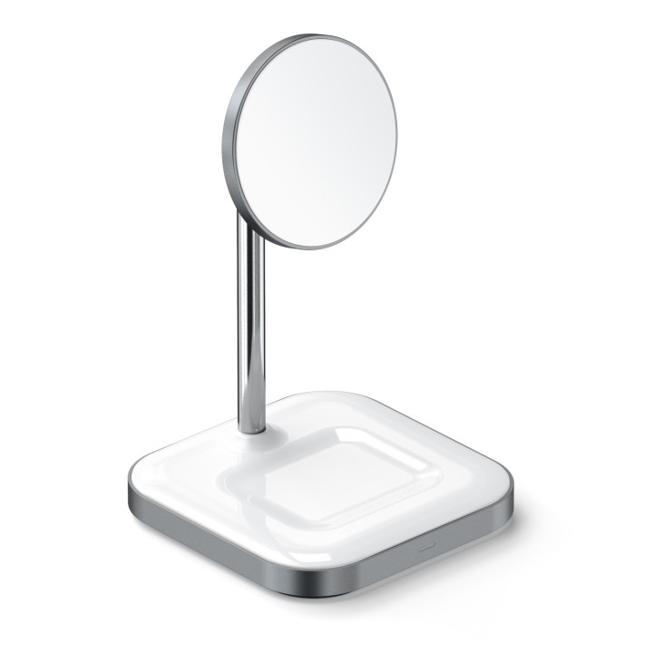Безжично зарядно Satechi Aluminium 2-in-1, магнитна стойка за iPhone 12/13 и AirPods Pro, USB-C кабел в комплекта, бяло - ST-WMC