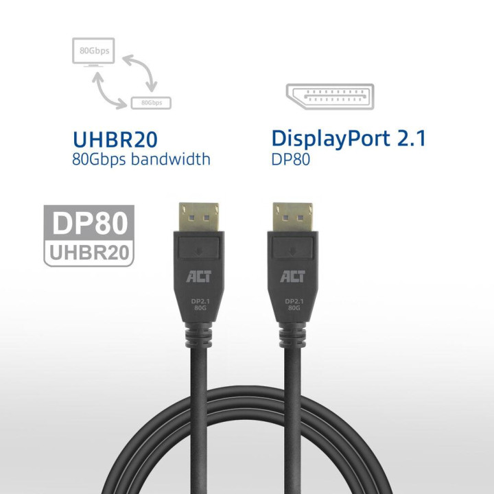 Кабел ACT, DisplayPort 2.1 мъжко-мъжко, 8K@60Hz, 4K@240Hz, 2m, черен - AK4082 - 4