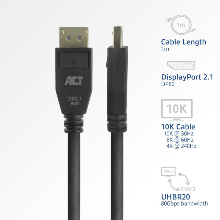 Кабел ACT, DisplayPort 2.1 мъжко-мъжко, 8K@60Hz, 4K@240Hz, 1м, черен - AK4081 - 2