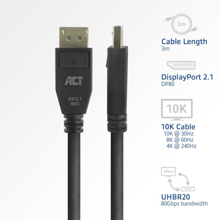 Кабел ACT DisplayPort 2.1, DisplayPort мъжко - DisplayPort мъжко, 8K@60Hz, 4K@240Hz, 3м, черен - AK4083 - 2
