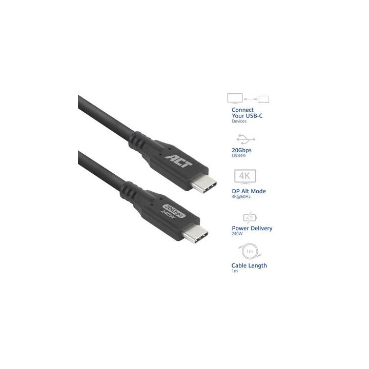 Кабел ACT USB-C към USB-C, 1 м, USB4 20Gbps, 240W, 8K - AC7421 - 2