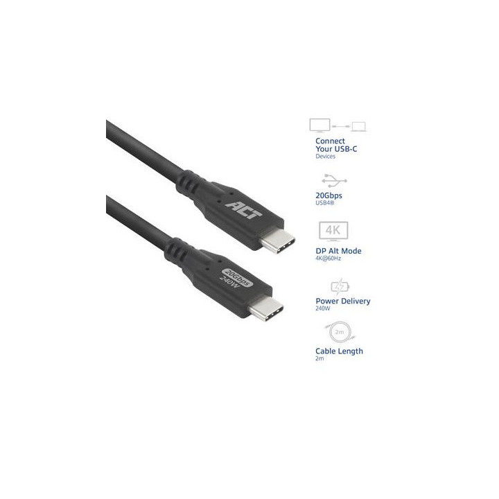 Кабел ACT, USB-C към USB-C, 2 м, USB4 20Gbps 240W, черен - AC7422 - 2