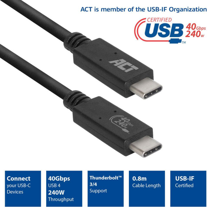 Кабел ACT USB-C към USB-C, 0.8 м, USB4 40Gbps 240W, сертифициран USB-IF - AC7451 - 2