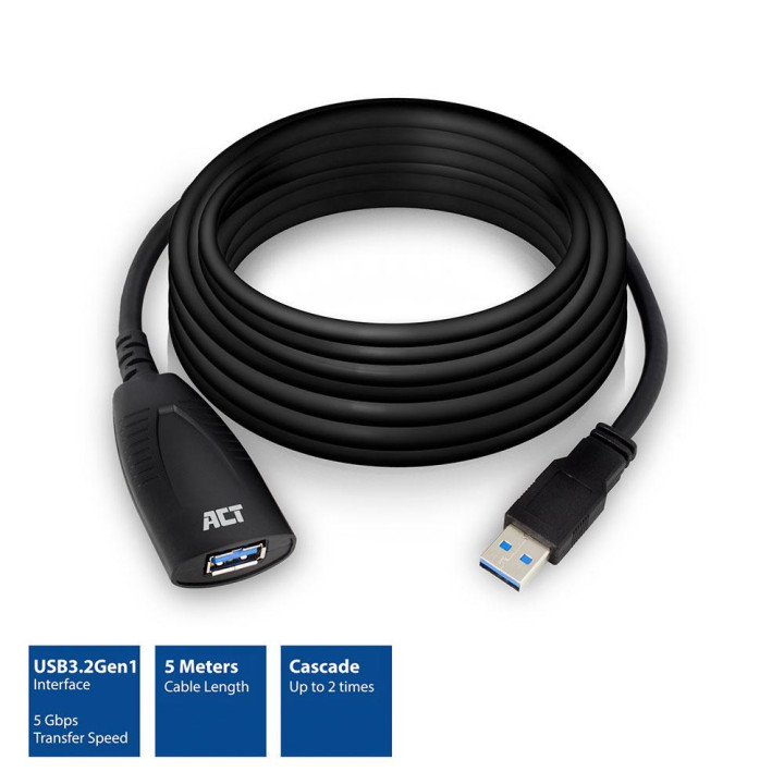 Удължителен кабел ACT AC6105, USB 3.2 Gen 1 USB-A към USB-A, активен, 5м, екраниран, черен - AC6105 - 2