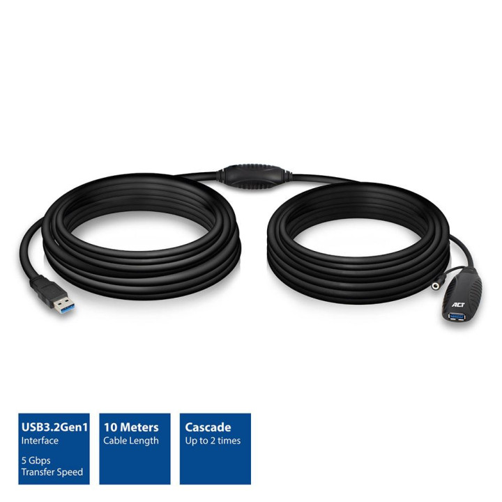 Кабел ACT AC6110, USB-A мъжко - USB-A женско, 10 м - AC6110 - 1