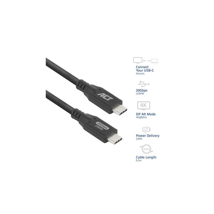 Кабел ACT USB-C към USB-C, 0.5 м, USB4 20Gbps, 240W, 8K, черен - AC7420 - 1