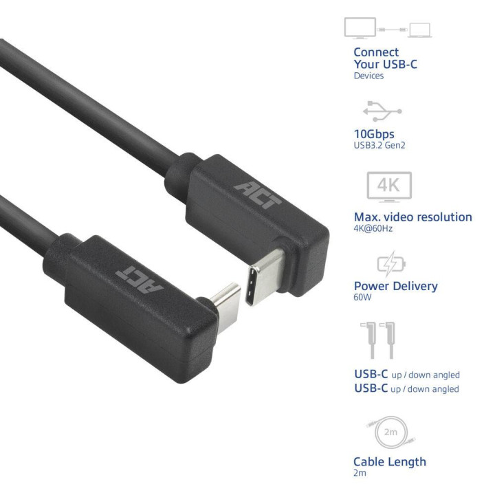 USB-C кабел ACT, USB-C към USB-C, 2м, 10Gbps, 60W, ъглов нагоре/надолу, черен - AC7478 - 1