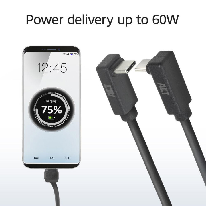 USB-C кабел ACT, USB-C към USB-C, 2м, 10Gbps, 60W, ъглов нагоре/надолу, черен - AC7478 - 3