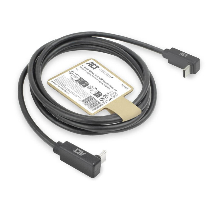 USB-C кабел ACT, USB-C към USB-C, 2м, 10Gbps, 60W, ъглов нагоре/надолу, черен - AC7478 - 6