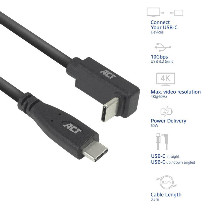 Кабел ACT USB-C към USB-C, 10Gbps, 60W, 0.5 м, прав и ъглов 90° конектор - AC7470 - 1