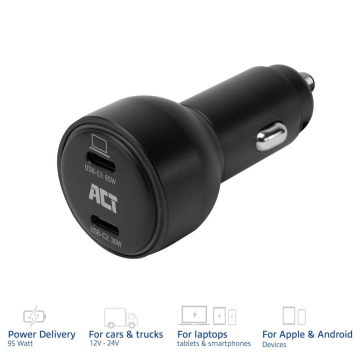 Бързо зарядно за кола ACT, 95W, 2x USB-C, PD, GaN, 12-24V - AC2210 - 1