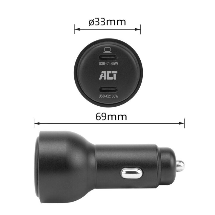 Бързо зарядно за кола ACT, 95W, 2x USB-C, PD, GaN, 12-24V - AC2210 - 5