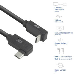 Кабел ACT USB-C към USB-C, 10Gbps, 60W, 1 м, ъглови конектори 90°, черен - AC7481 - 1