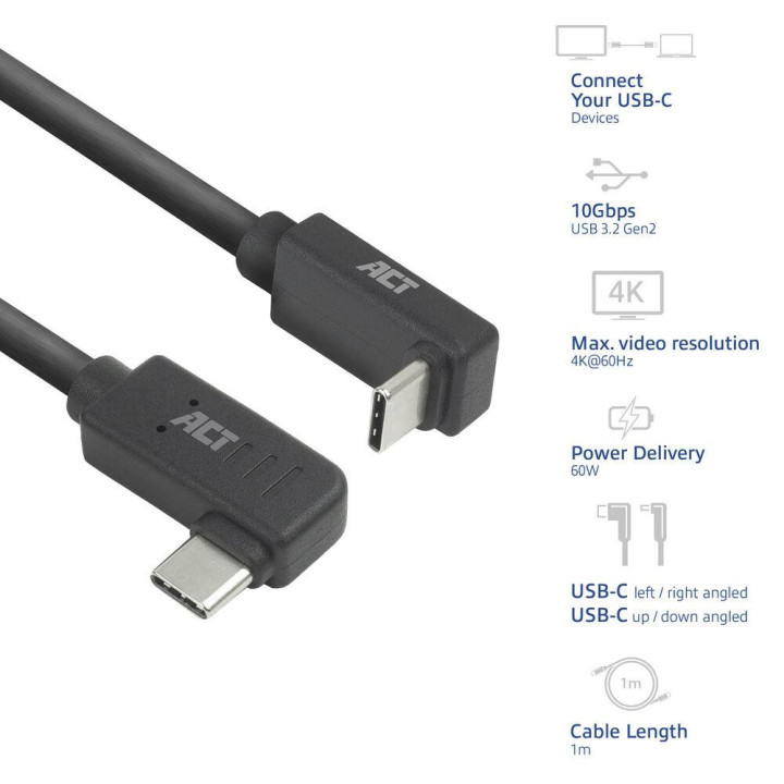 Кабел ACT USB-C към USB-C, 10Gbps, 60W, 1 м, ъглови конектори 90°, черен - AC7481 - 1