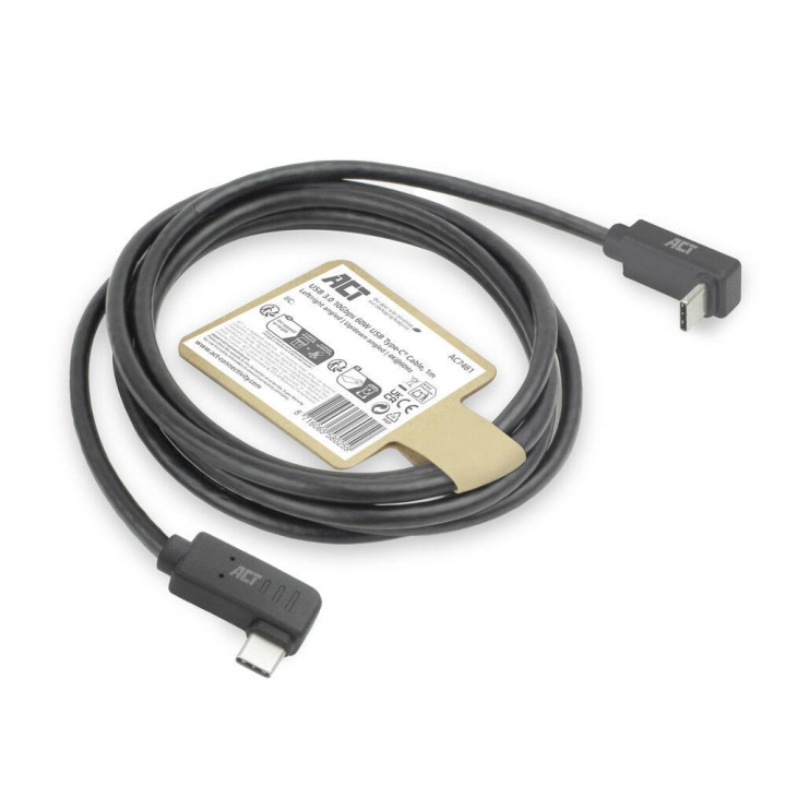 Кабел ACT USB-C към USB-C, 10Gbps, 60W, 1 м, ъглови конектори 90°, черен - AC7481 - 6