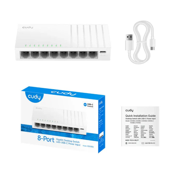 Суич Cudy GS108U, 8 x 10/100/1000 Mbps RJ45, USB-C захранване - CUDY-GS108U - 1