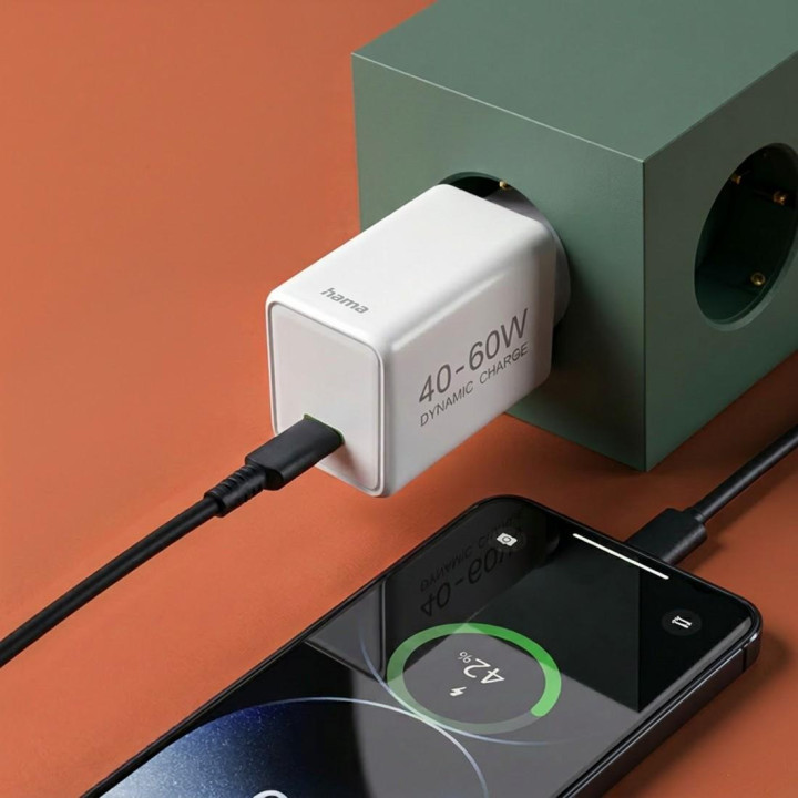 Зарядно устройство HAMA Dynamic Fast Charger, 40-60W, GaN, USB-C, PD, бяло - 201941 - 2
