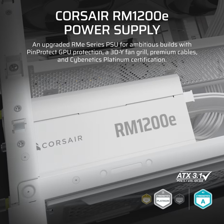 Модулно захранване Corsair RM1200e White, 1200W, 80+ Platinum, ATX 3.1 - CP-9020317-EU - 2