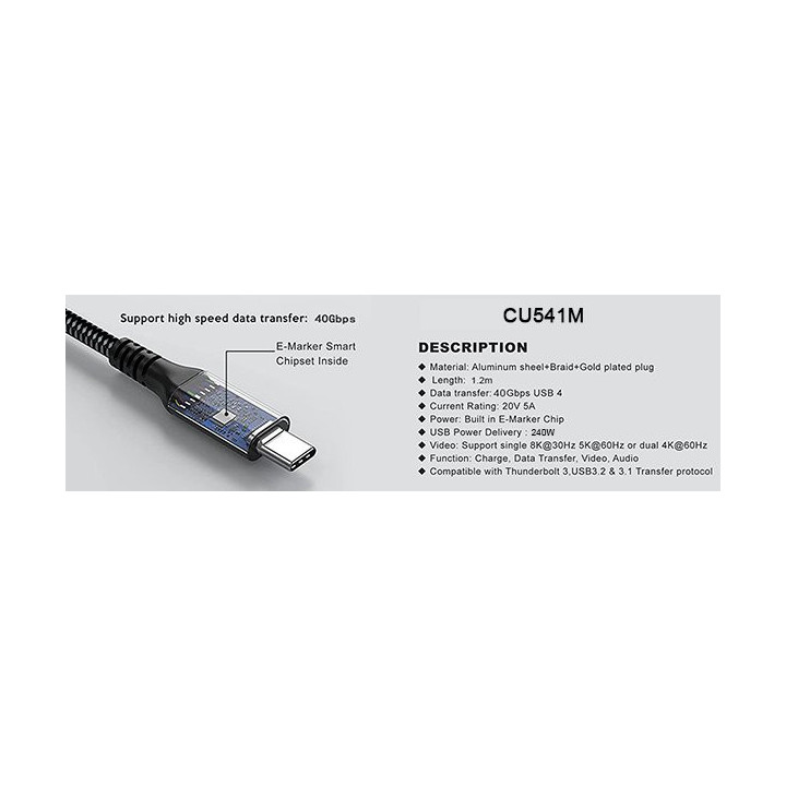 Кабел VCom USB4.0 Type-C/Type-C 40Gbps, 240W - CU541M-1.2m