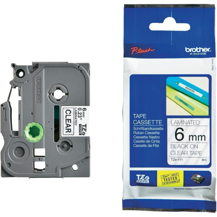 Brother TZe-111 Tape Black on Clear, Laminated, 6mm - Eco - TZE111