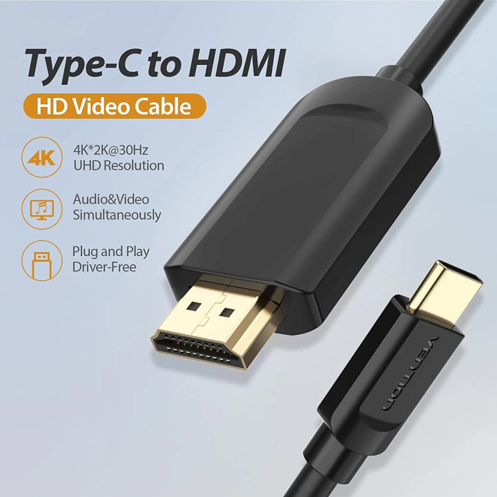 Кабел Vention Type-C to HDMI - 2.0m 4K Black - CGUBH
