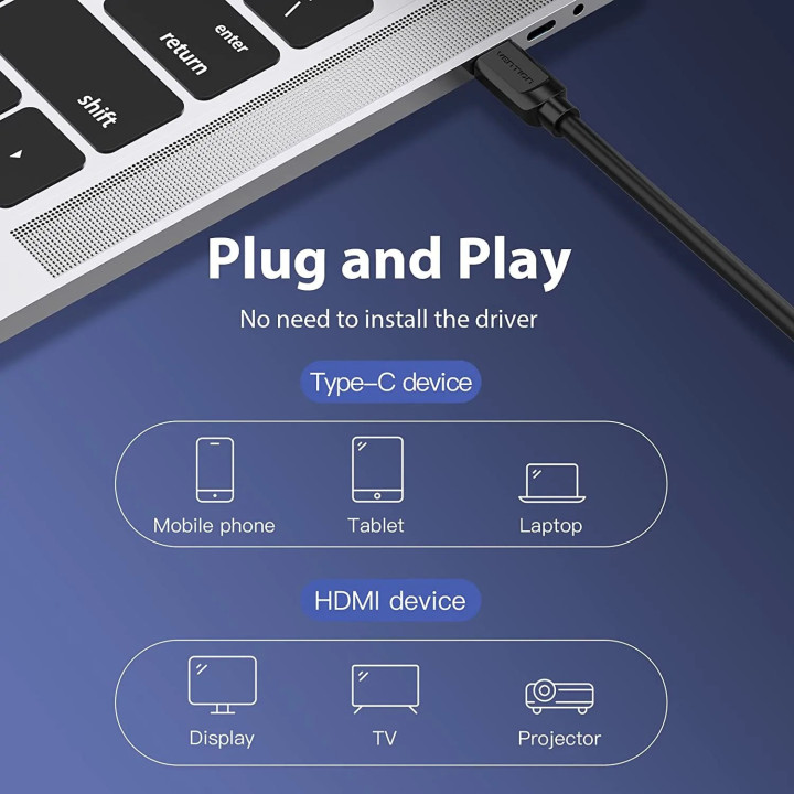 Кабел Vention Type-C to HDMI - 2.0m 4K Black - CGUBH