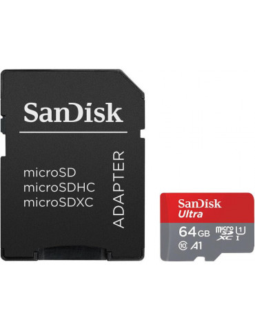 SD карта Sandisk 64GB Ultra microSDXC, A1, UHS-I, U1, Class 10, 140MB/s, Адаптер - SDSQUAB-064G-GN6MA