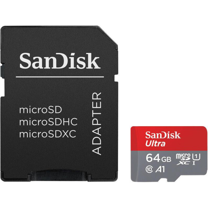 SD карта Sandisk 64GB Ultra microSDXC, A1, UHS-I, U1, Class 10, 140MB/s, Адаптер - SDSQUAB-064G-GN6MA