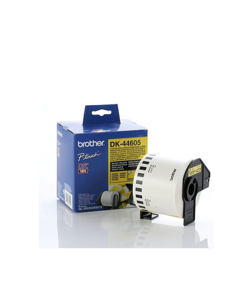 Brother DK-44605 Yellow Continuous Length Removable Paper Tape, 62mmx30.48m, Black on Yellow
