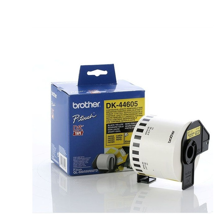 Brother DK-44605 Yellow Continuous Length Removable Paper Tape, 62mmx30.48m, Black on Yellow
