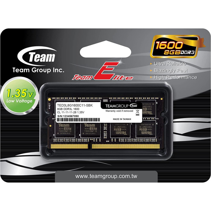 RAM памет Team Group Elite 8GB 1600MHz DDR3L , CL11-11-11-28 1.35V - TED3L8G1600C11-S01
