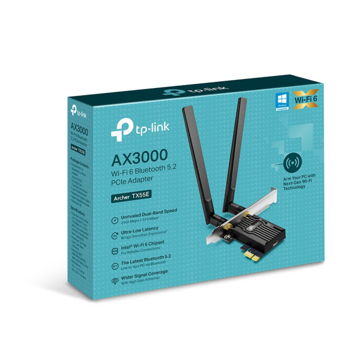 Двулентов Bluetooth 5.2 Wi-Fi6 PCIe адаптер TP-Link Archer TX55E AX3000