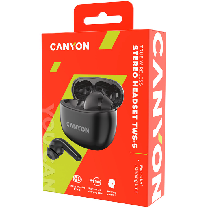 Bluetooth слушалки Canyon TWS-5 с микрофон, BT V5.3, черен - CNS-TWS5B